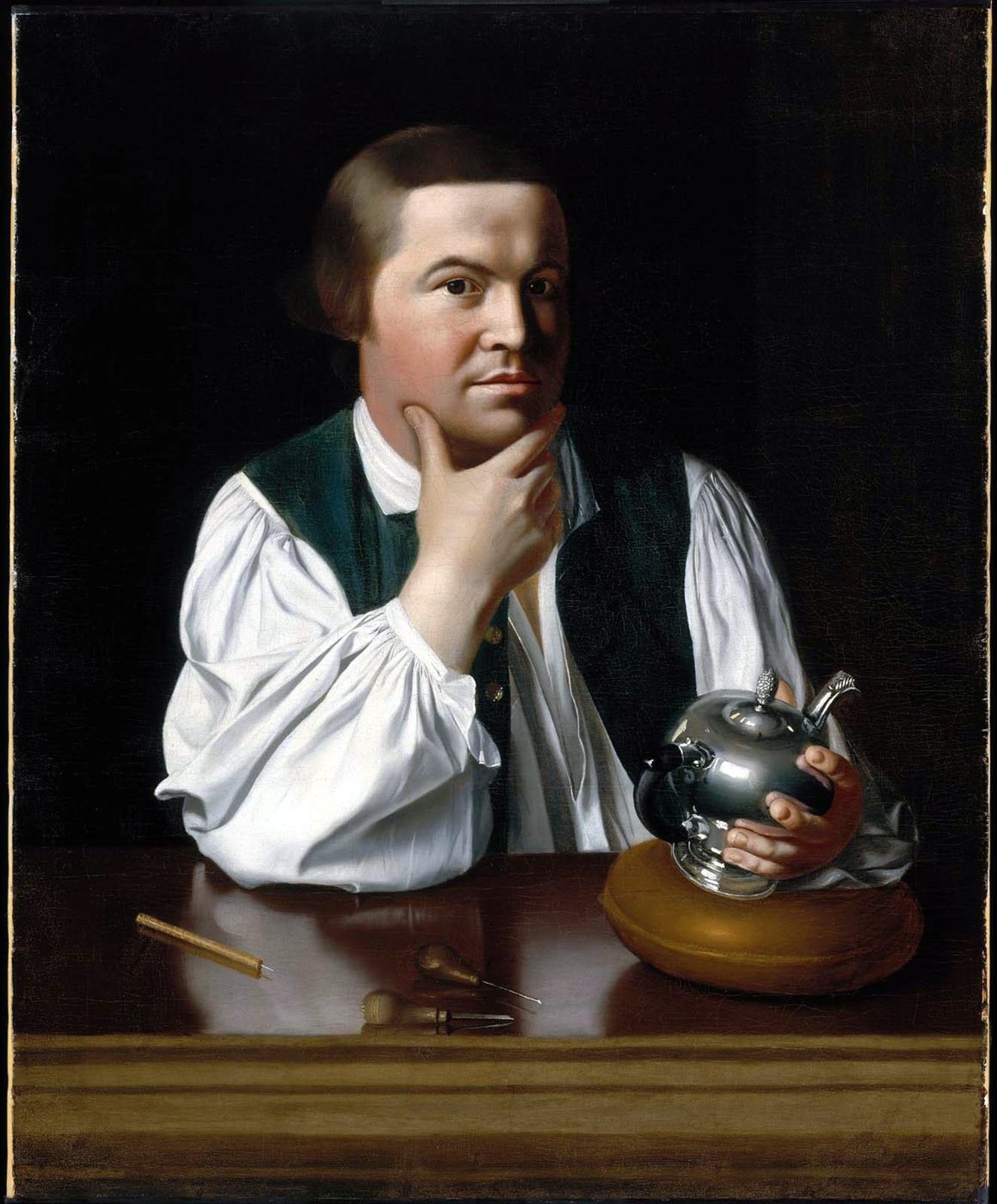 Portrait of Paul Revere by John Singleton Copley, 1768. The teapot in his hands references his silversmith trade — but Revere also ran newspaper advertisements offering dental services and made his own dentures.
