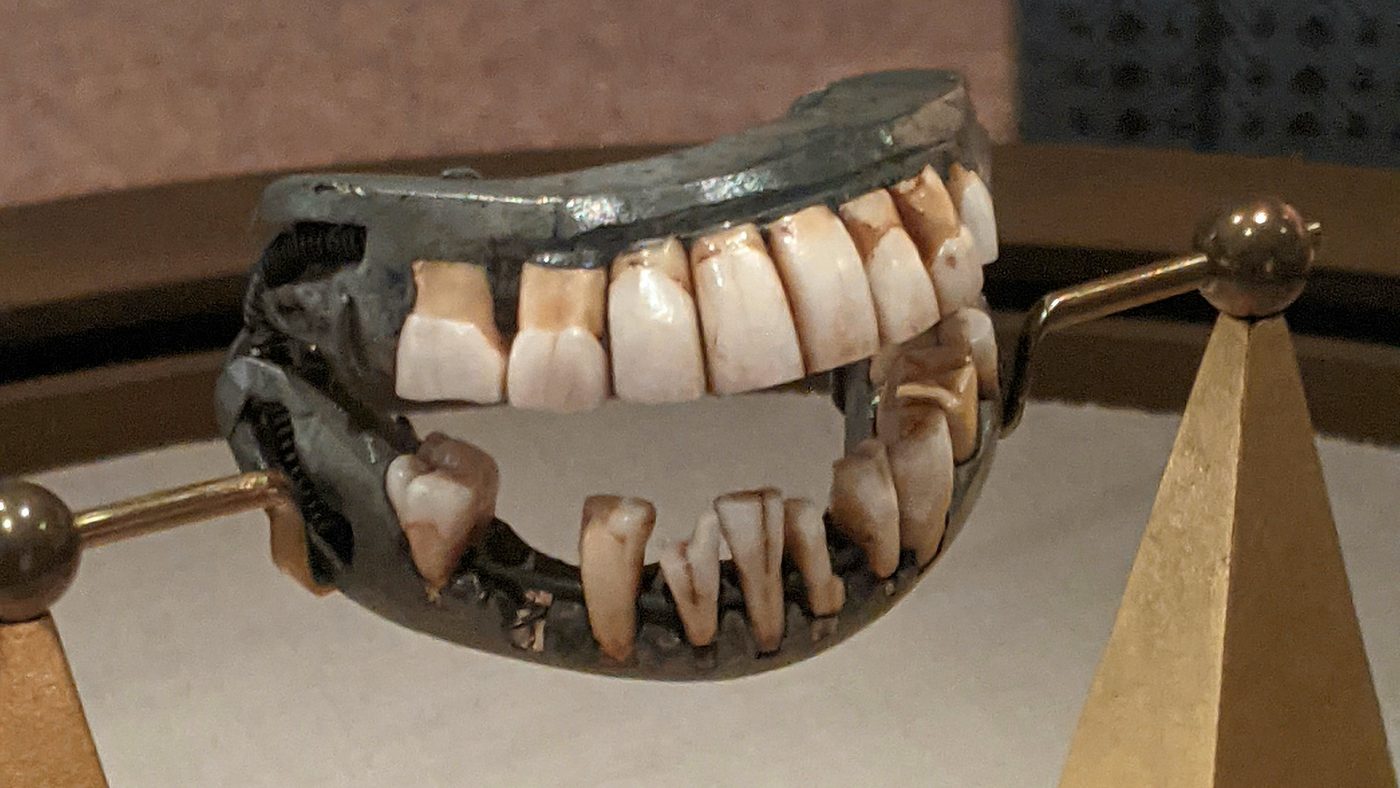George Washington's actual lower denture, made of human and animal teeth set into a lead-and-ivory base with gold wire — not wood.