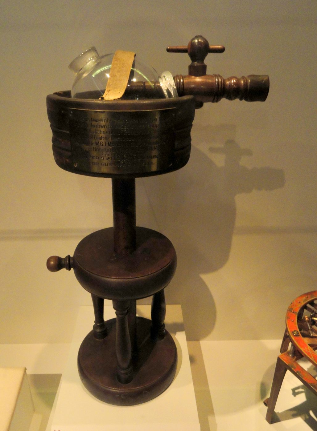 William Morton's original 1846 ether inhaler — the actual glass-and-brass apparatus used in the October 16, 1846 demonstration at Massachusetts General Hospital.