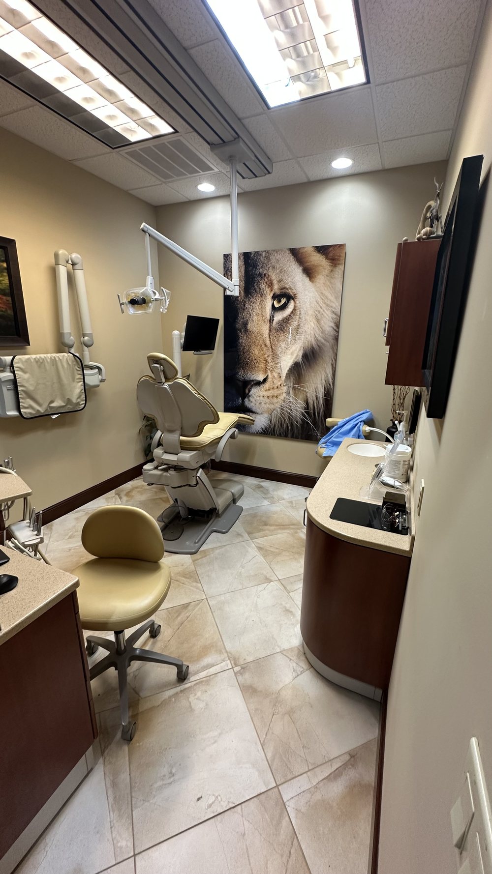 Private treatment room at Sunset Smiles with modern dental equipment and a calming feature wall