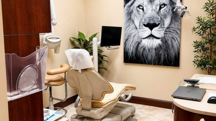 Treatment room with large-format wildlife photography above the chair
