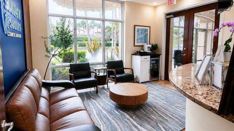 Waiting area with natural light and comfortable seating at Sunset Smiles in Jupiter, FL
