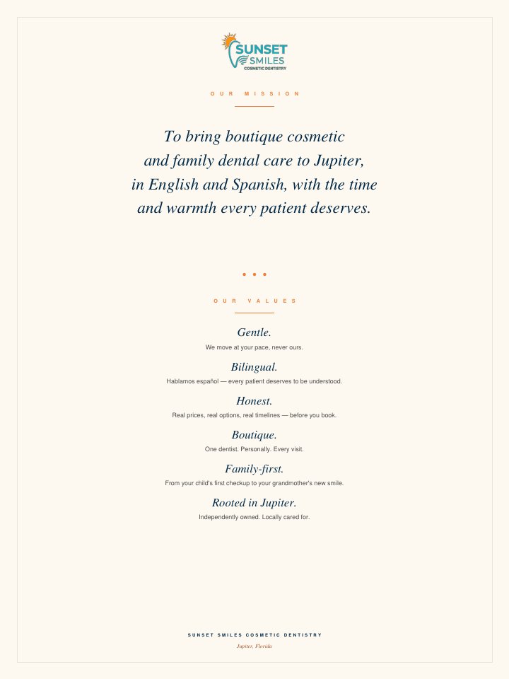 The Sunset Smiles mission and values poster: Gentle, Bilingual, Honest, Boutique, Family-first, Rooted in Jupiter