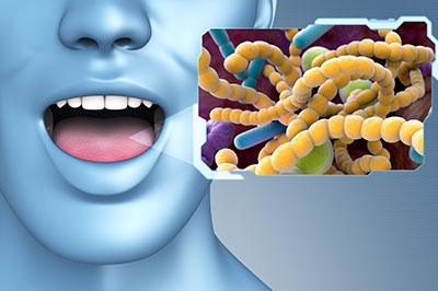 The image features a 3D rendering of a human face with an open mouth, placed over a graphic representation of a bacterial cell with multiple layers showcasing its structure, including a peptidoglycan layer and other components, set against a blue background.