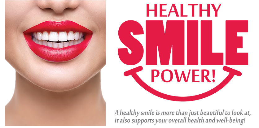 The image features a close-up of a person s face with prominent red lipstick, overlaid with text that reads  HEALTHY SMILE POWER  and includes additional text at the bottom.